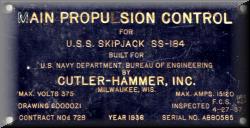 Main Propulsion Control Nameplate. Presented to SSN-585 at Commissioning. Carried by SSN-585 till Decommissioning. Courtesy of Frank Stroup